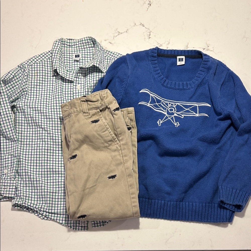 Janie and Jack Blue Crewneck with Airplane and Checkered Shirt Set
